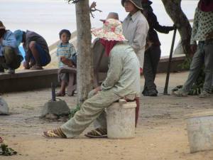 Pyjama-clad construction worker takes a break