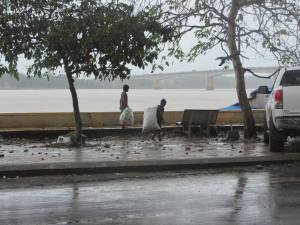 Children scavenging along the embankment during a tropical downpour, yesterday.