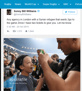 Sonny Bill showing his heart to Syrian refugees last week, and a young fan on Saturday 31 October.
